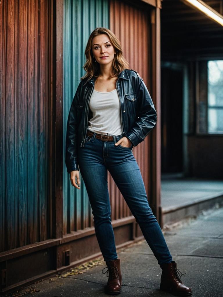 Confident Woman in Edgy Outfit Against Urban Backdrop