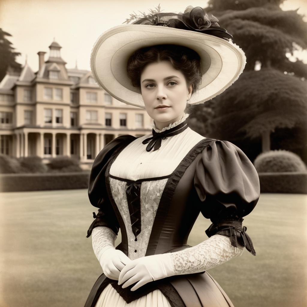 Elegant Woman in Vintage Victorian Dress at Mansion