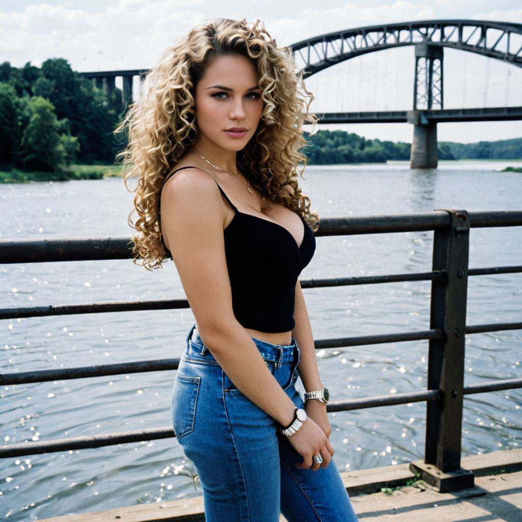 Confident Woman by Waterfront with Bridge