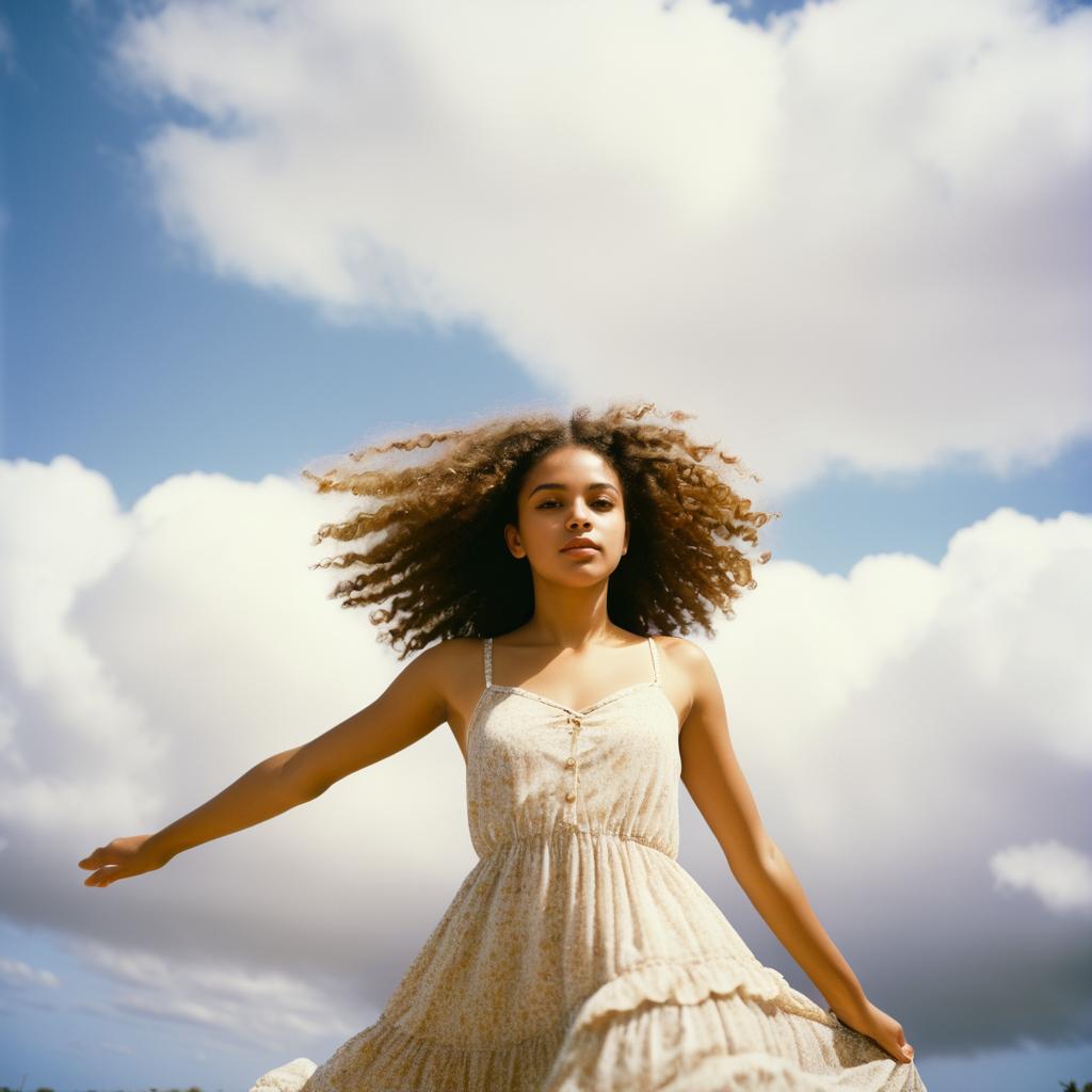 Young Woman Twirling in Dress Against Clouds