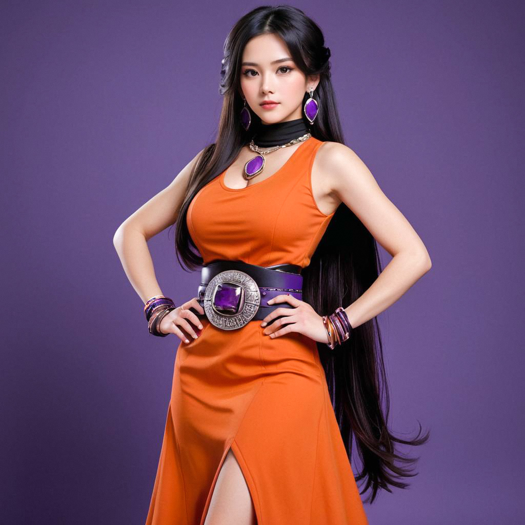 Confident Woman in Orange Dress with Purple Background