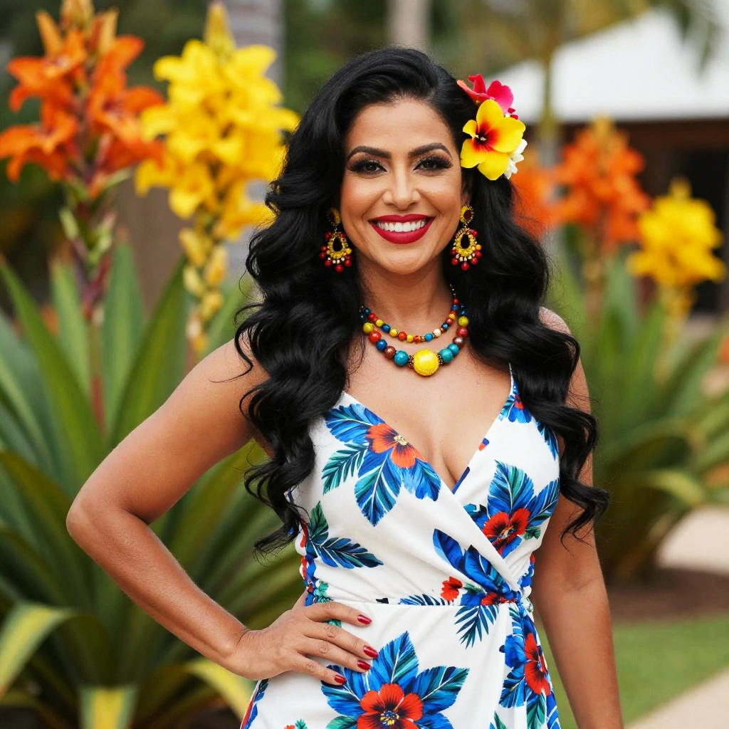 Cheerful Woman in Vibrant Floral Dress with Tropical Accessories Outdoors