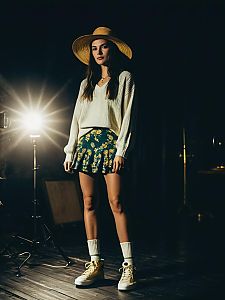 Woman in Casual Boho White V Neck Sweater with Floral Skirt and Straw Hat