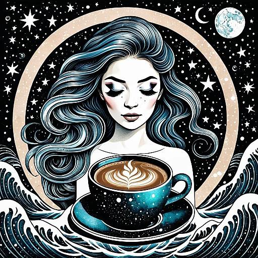 Cosmic Woman with Flowing Hair Holding Latte Coffee Cup Illustration