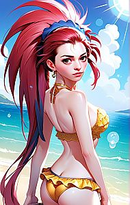 Anime Style Woman with Red Hair in Golden Bikini at Beach