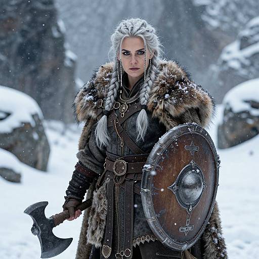 Viking Warrior Woman with Axe and Shield in Snowy Forest