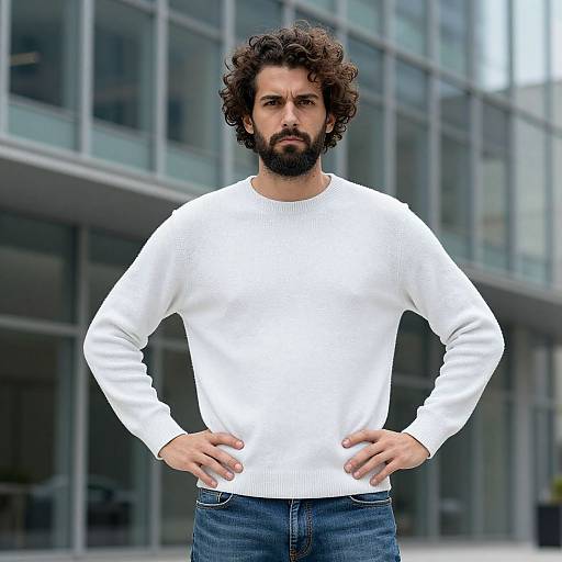Confident Man in White Sweater Outdoors Urban Background