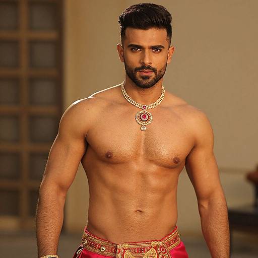 Shirtless Muscular Man with Traditional Indian Jewelry and Red Waistband
