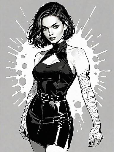 Edgy Woman Full Body Comic Style Black and White Digital Illustration