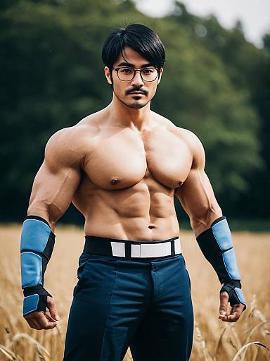 Muscular Man with Glasses and Blue Gloves Standing in Field