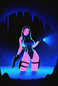 Cyberpunk Woman Explorer in Neon Blue Cave with Gun and Flashlight