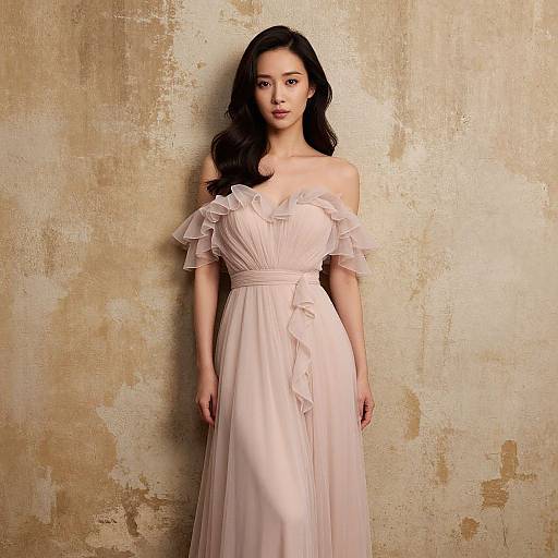 Elegant Woman in Blush Pink Off-Shoulder Gown Against Textured Wall