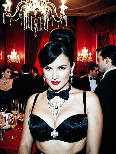 Glamorous Woman at Moulin Rouge Theme Party in Black Satin Bra and Jewelry