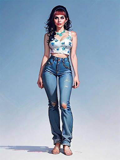 Stylish Woman Wearing Floral Crop Top and Distressed Jeans Realistic Comic Art
