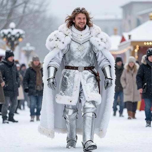 Medieval Knight in Silver Armor with Fur Cloak Walking in Snowy Winter Festival