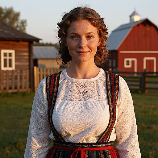 Young Woman in Traditional Folk Dress in Rustic Farm Setting