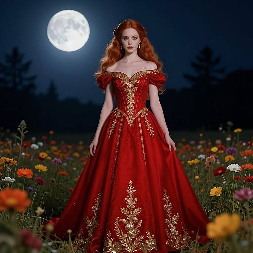 Elegant Woman in Red Embroidered Gown Under Full Moon in Flower Field