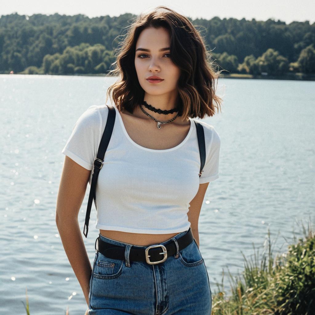 Young Woman by Lake in Casual Chic Outfit Young Woman by Lake in Casual Chic Outfit