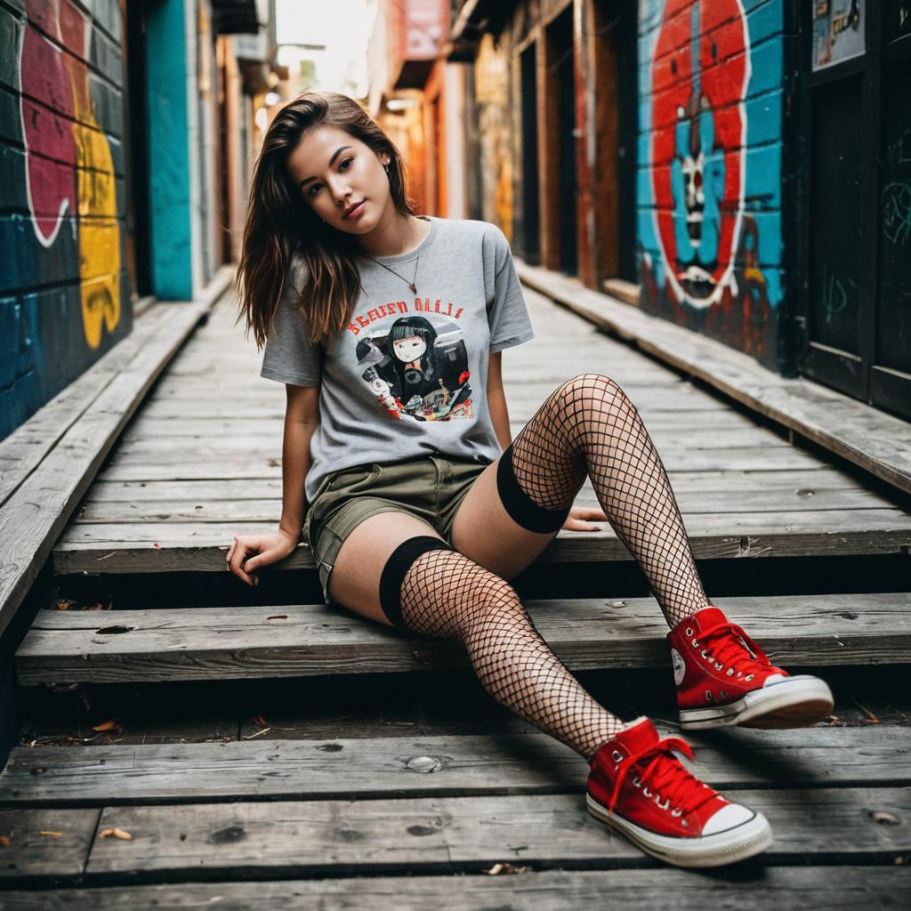 Young Woman in Street Style Sitting on Wooden Stairs with Graffiti Background