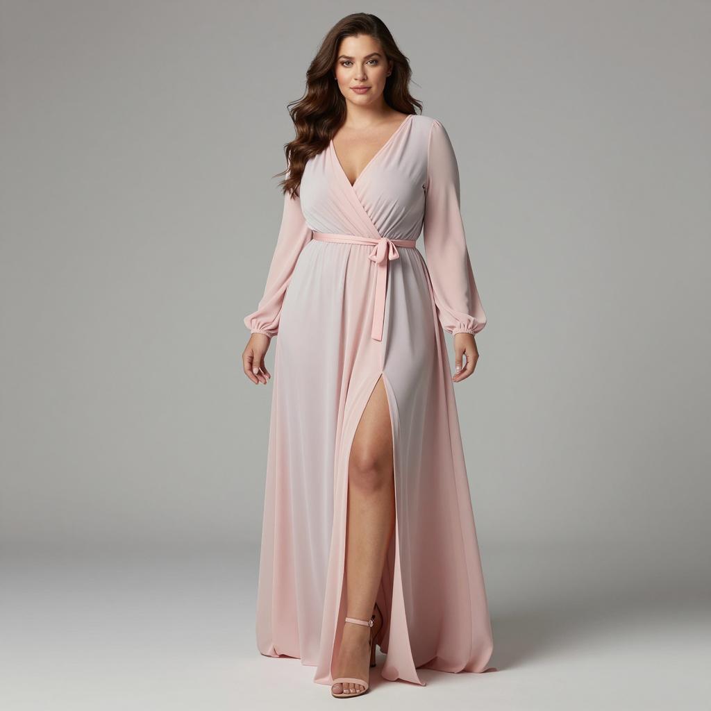 Elegant Blush Pink Wrap Dress with Thigh-High Slit on Woman