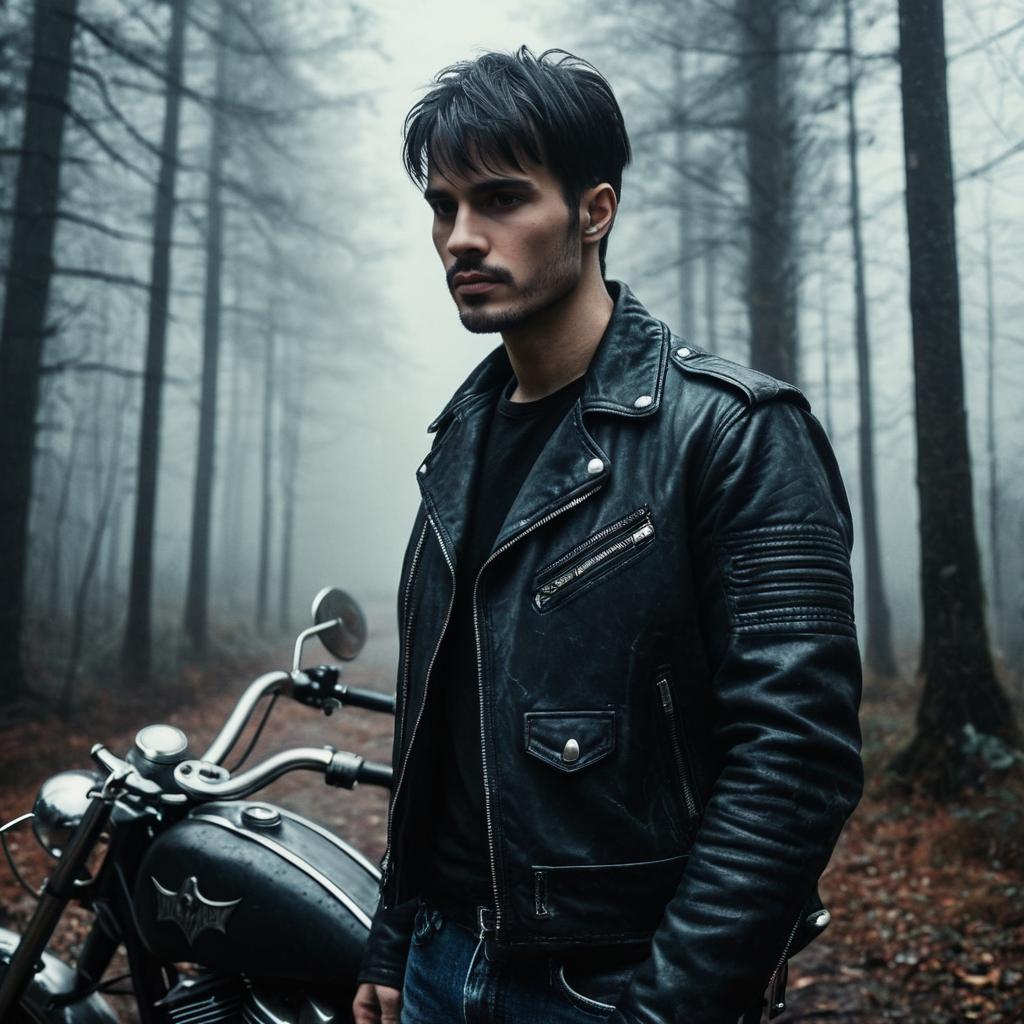 Man in Black Jacket by Motorcycle in Misty Forest