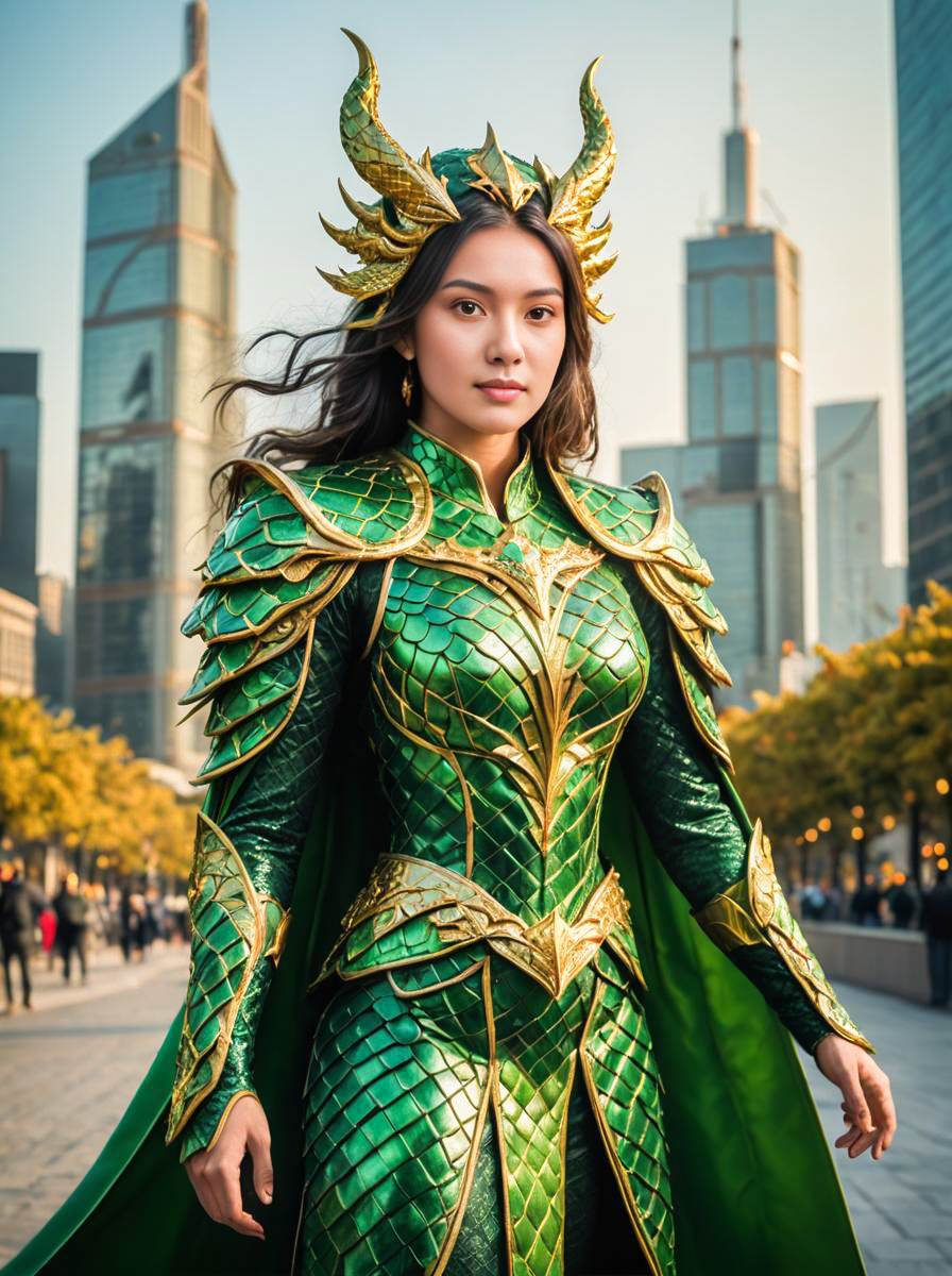 Fantasy Woman in Green and Gold Costume Against City Skyline