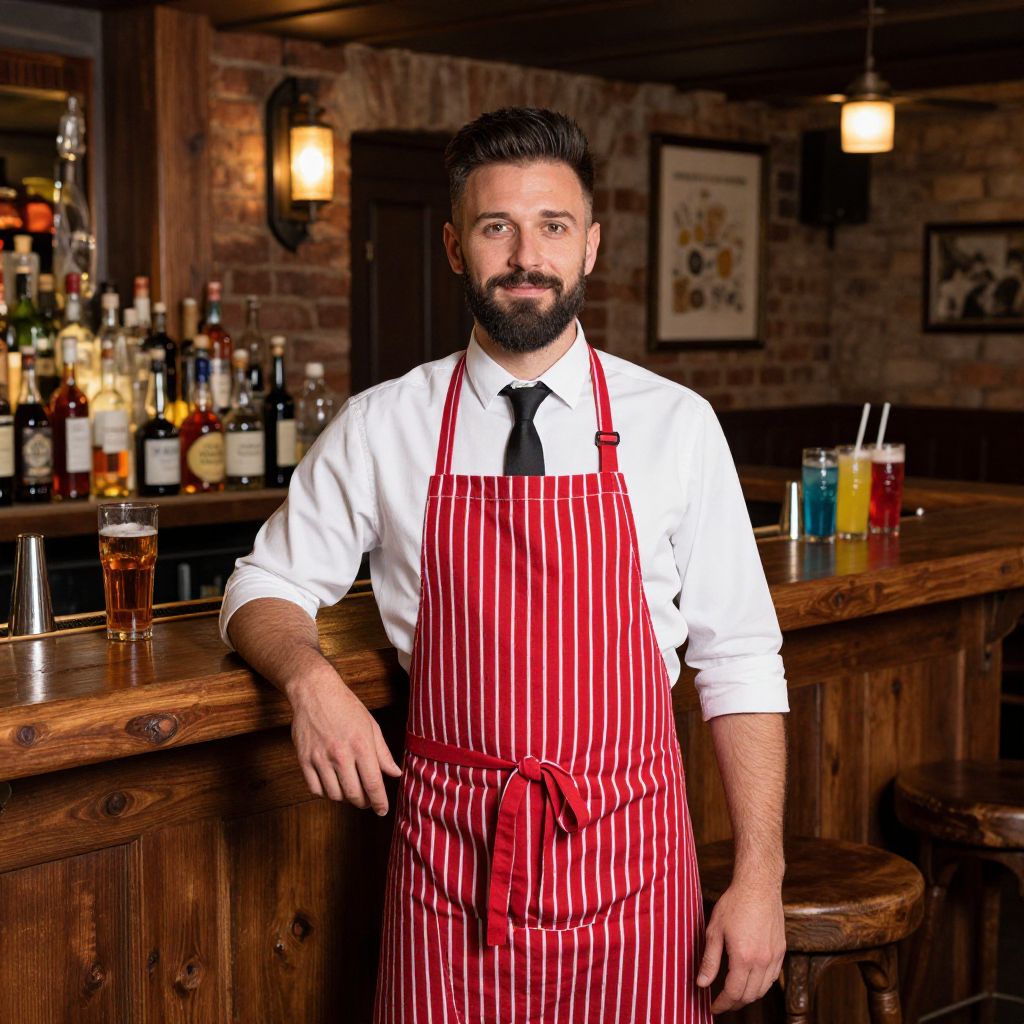 Male Bartender in Red Striped Apron at Cozy Pub Bar