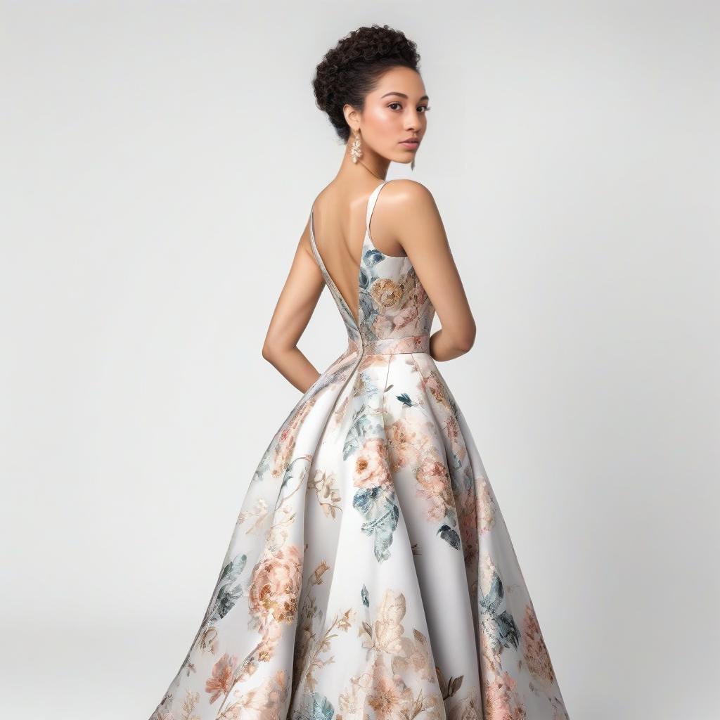 Elegant Woman in Floral Gown with V-Back