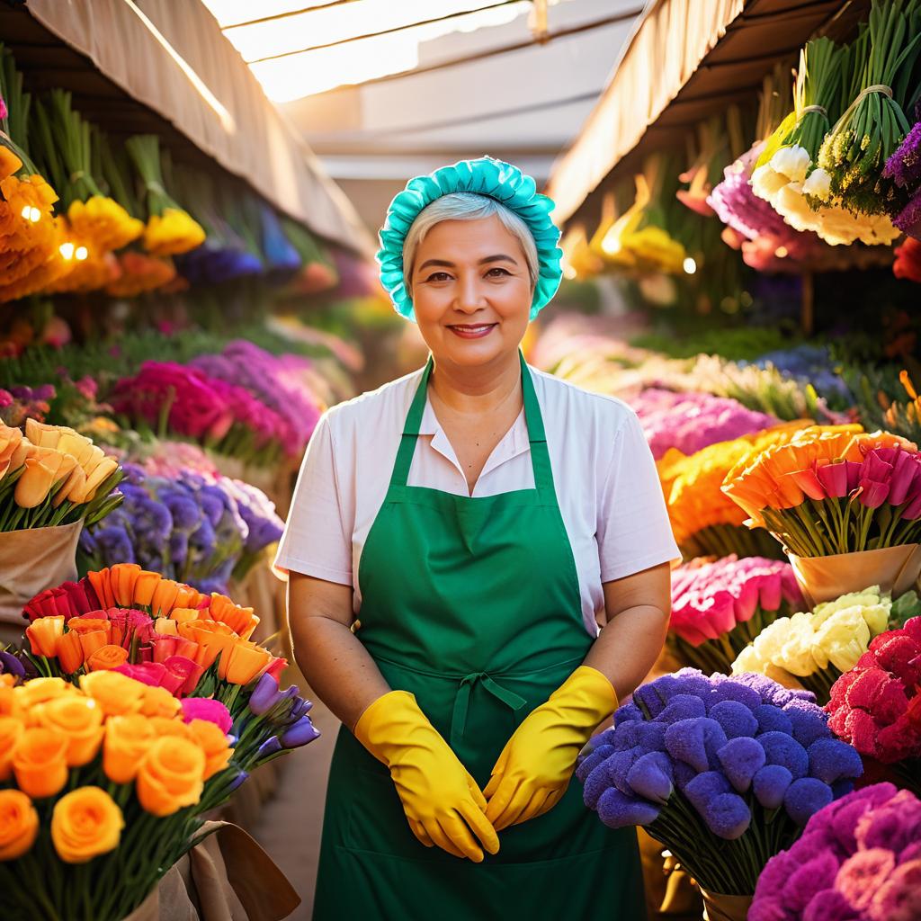 Cheerful Woman in Flower Market