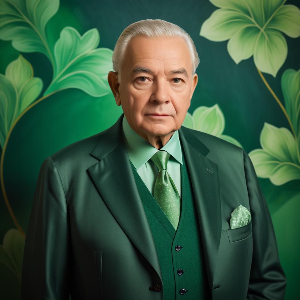 Elderly Man in Green Suit Amidst Lush Foliage