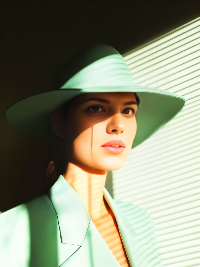 Chic Woman in Mint Green Hat and Blazer