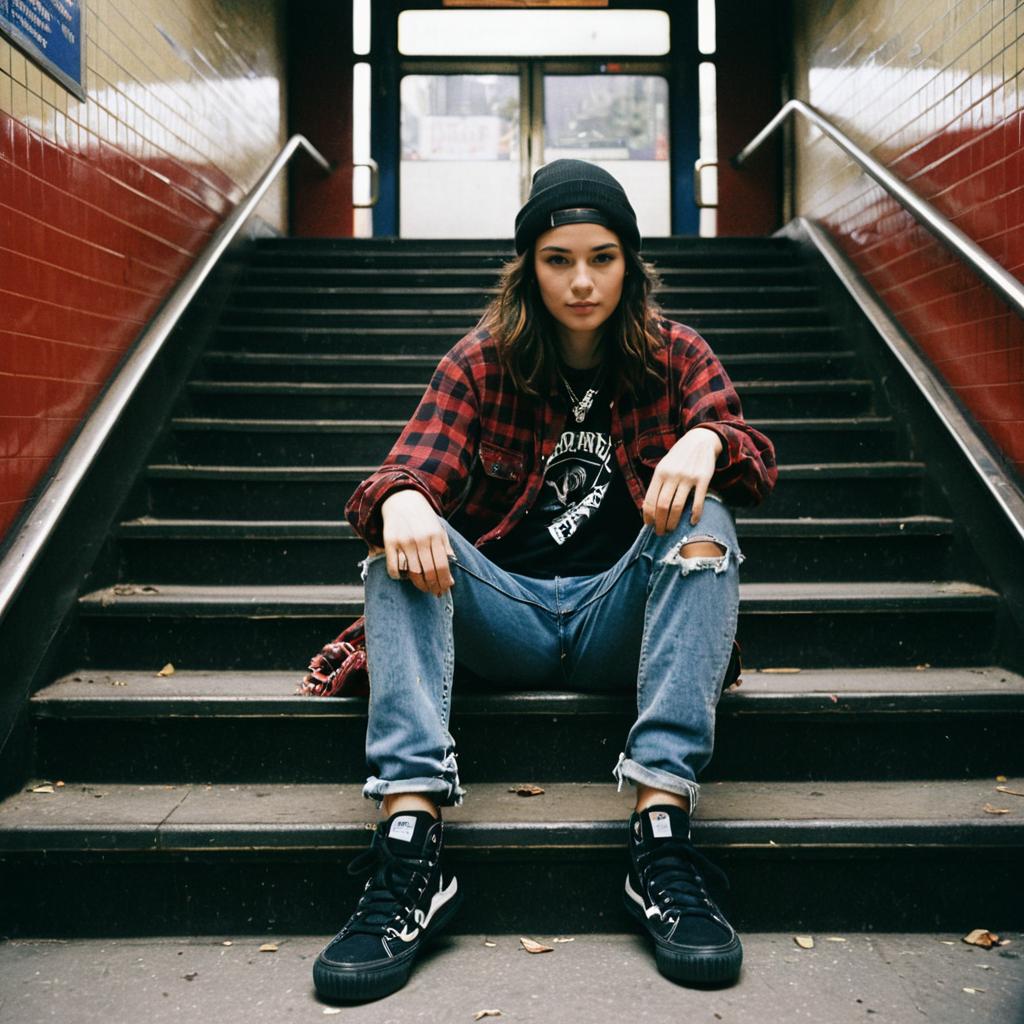 Young Woman in Casual Streetwear Sitting on Subway Stairs