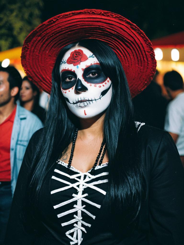 Woman in La Muerte Costume with Dia de los Muertos Face Paint at Themed Event