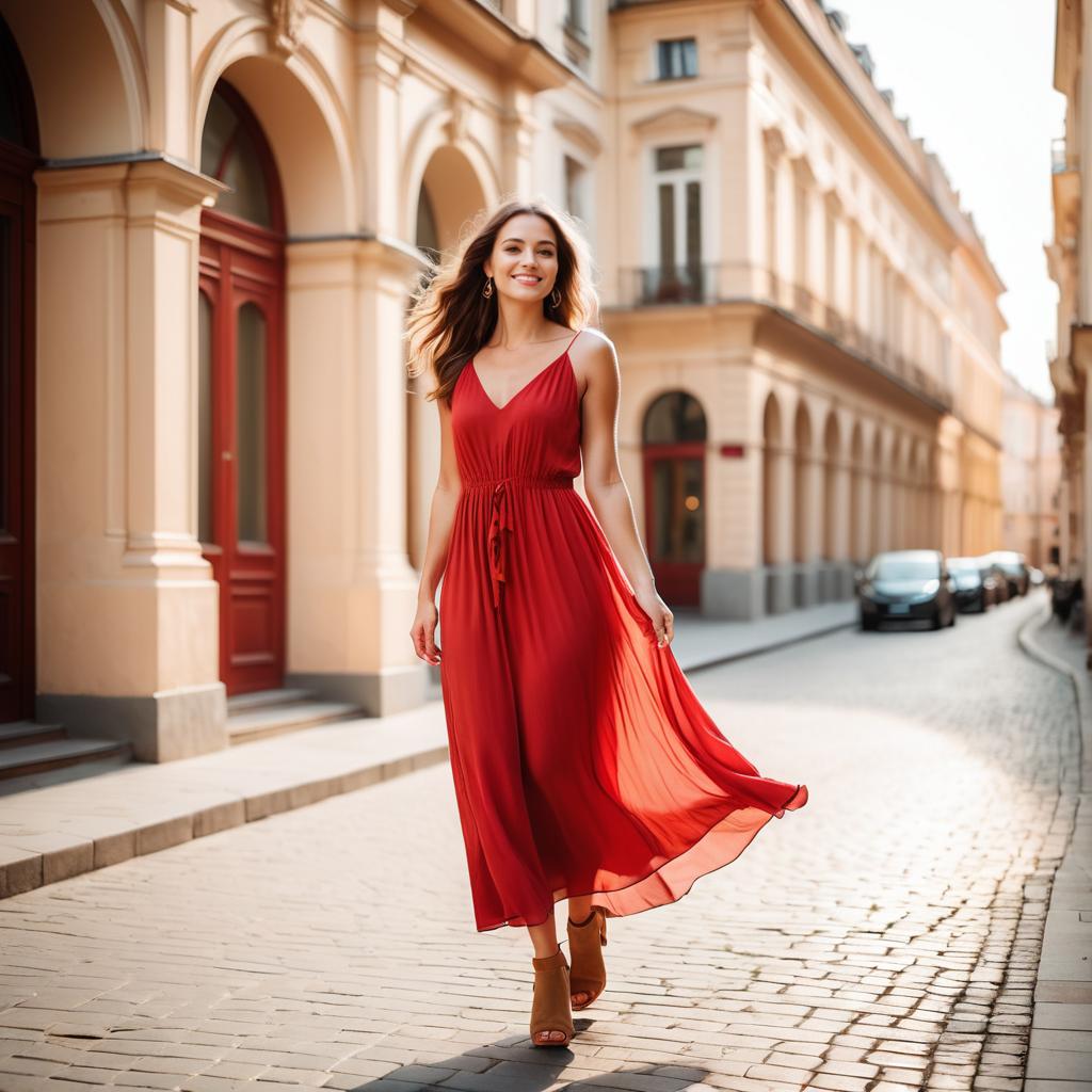 Elegant Woman Walking in Red Dress on European Street