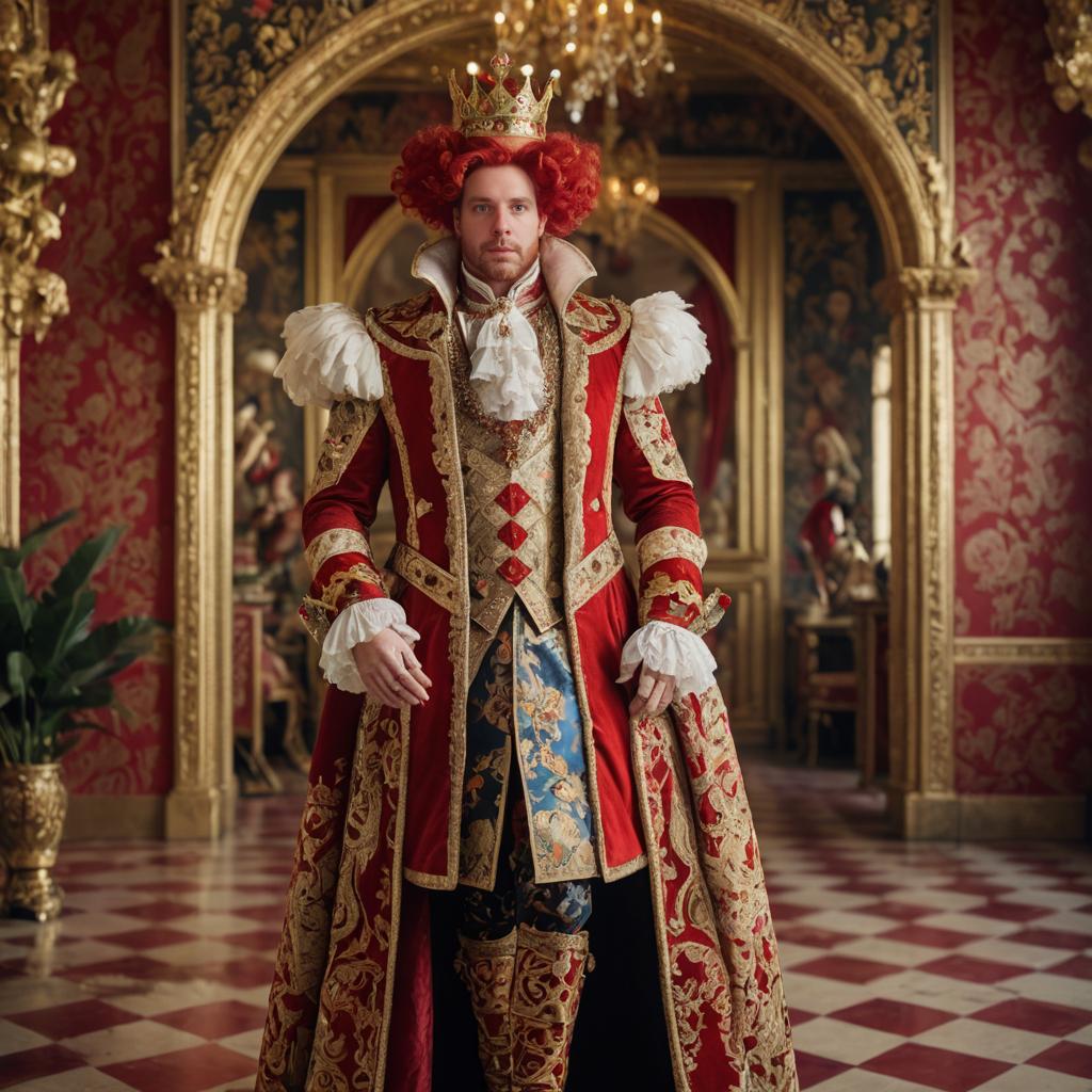 Man in Queen of Hearts Costume in Ornate Room