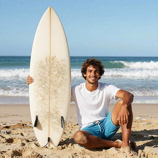 Young Man Sitting on Beach with Surfboard by the Ocean