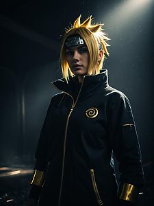 Realistic Naruto Uzumaki Woman Cosplay with Black and Gold Costume