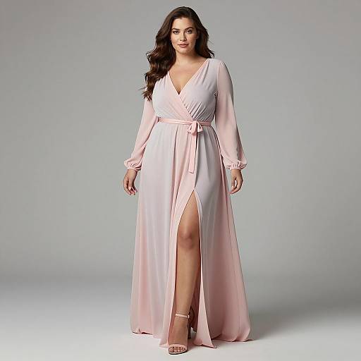 Elegant Blush Pink Wrap Dress with Thigh-High Slit on Woman