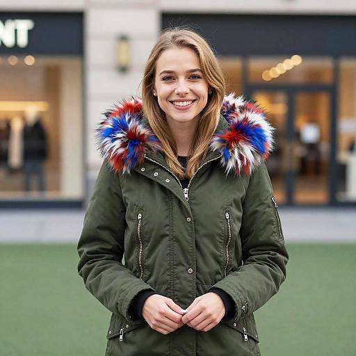 Young Woman Wearing Green Winter Jacket with Colorful Fur Hood Outdoors