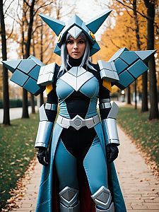 Realistic Woman Cosplay Wearing Metagross Costume Outdoors