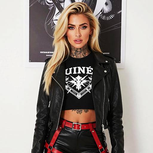 Blonde Woman in Edgy Black Leather Outfit with Red Belt Harness and Tattoos