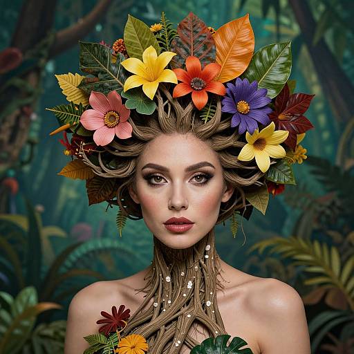 Surreal Woman with Botanical Hair and Floral Crown Artistic Portrait