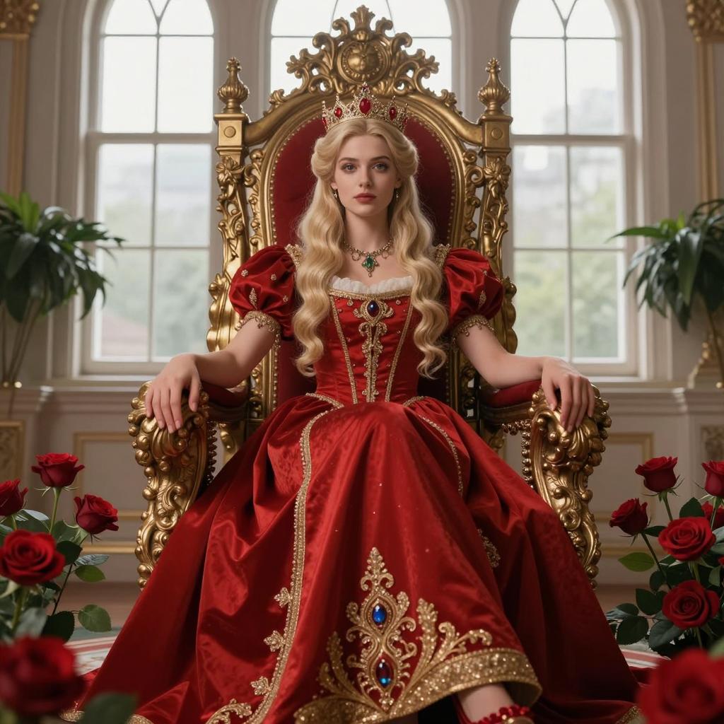 Regal Queen in Red Gown on Ornate Throne with Roses