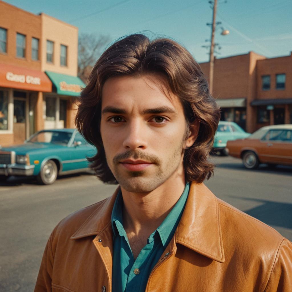 Confident Man with 70s Hairstyle in Vintage Kodachrome Style