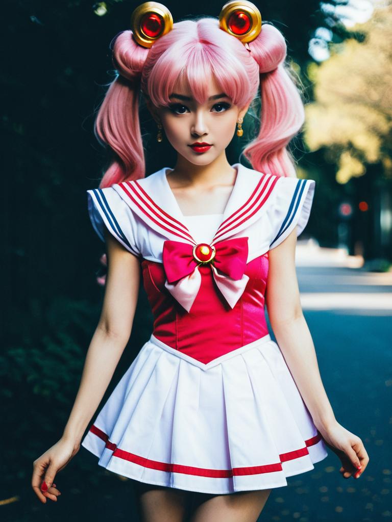 Sexy Cosplay Woman as Sailor Chibi Moon with Pink Hair and Sailor Uniform