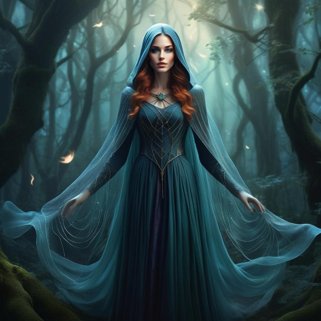 Elegant Woman in Blue Gown in Mystical Forest