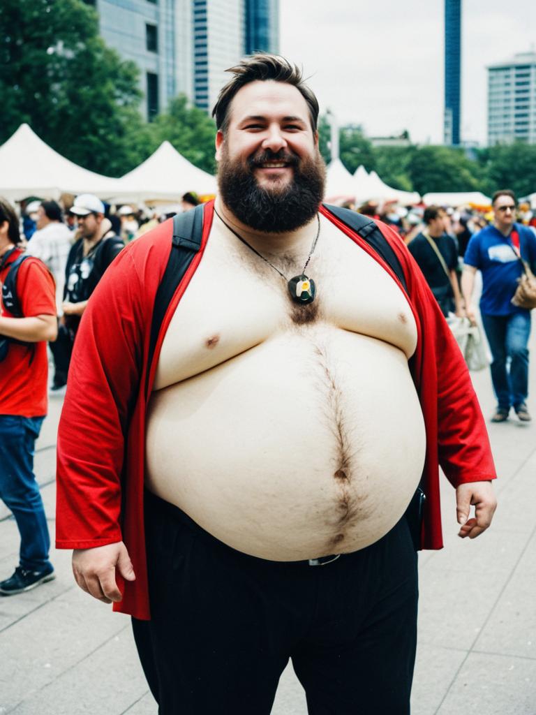 Man in Fat Guy Costume at Cosplay Festival Outdoors
