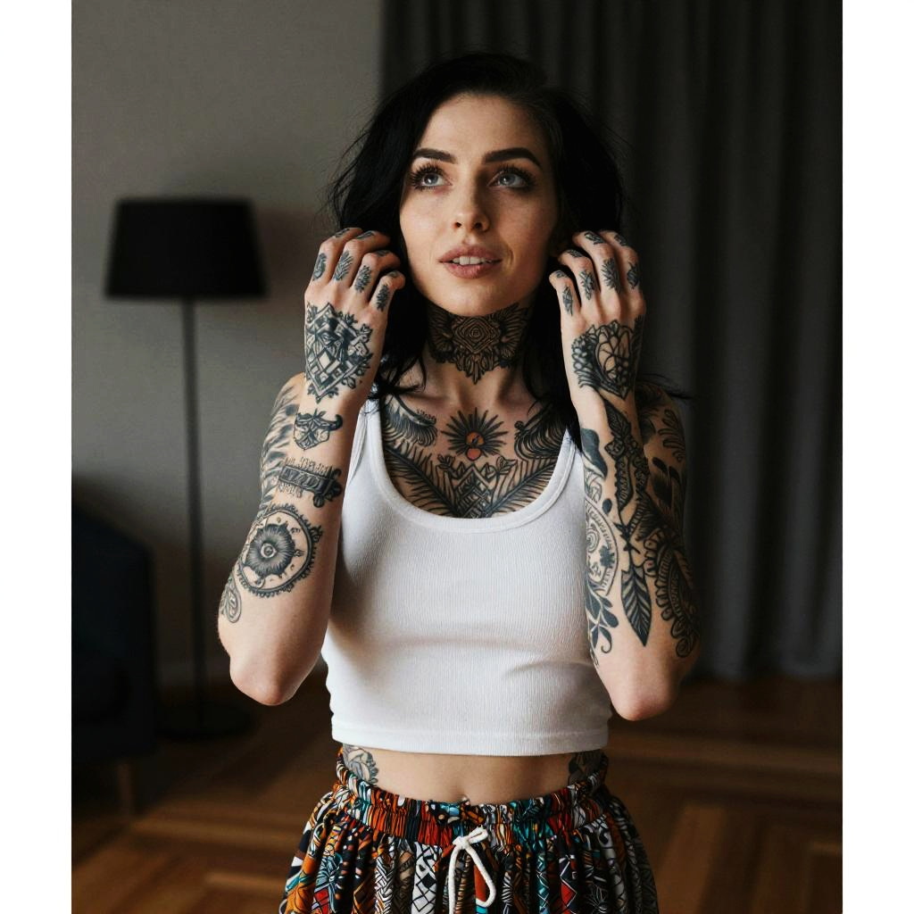 Tattooed Woman Wearing White Crop Top and Colorful Pants Indoor Portrait