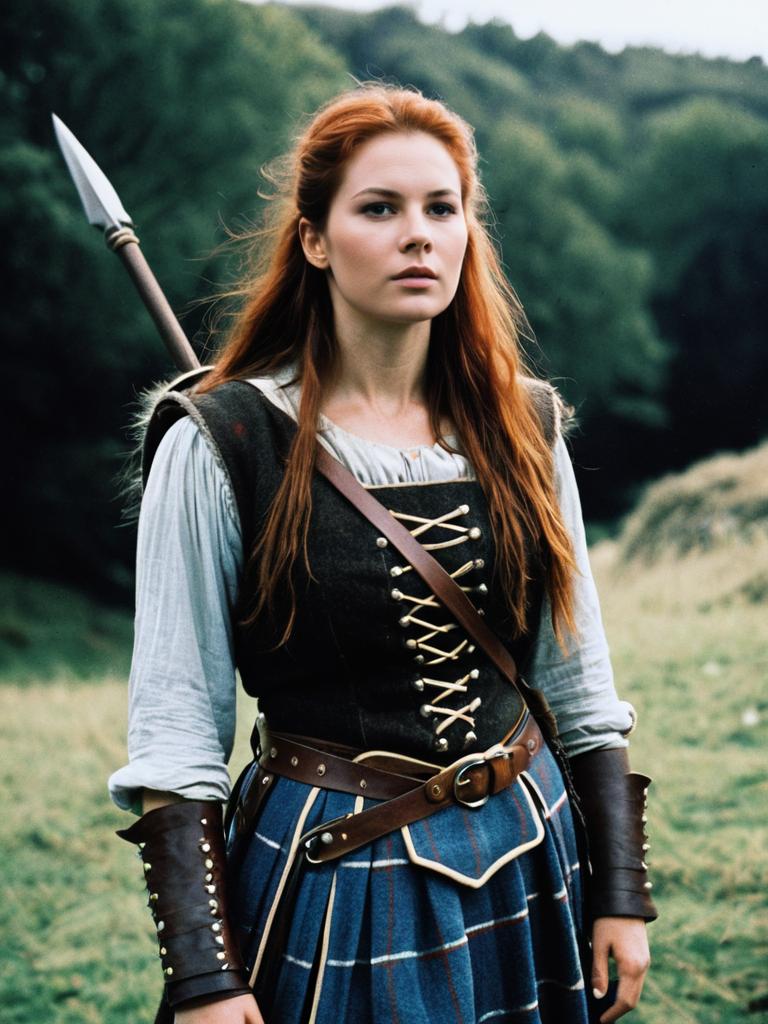 Woman in Braveheart Inspired Costume Outdoors with Spear
