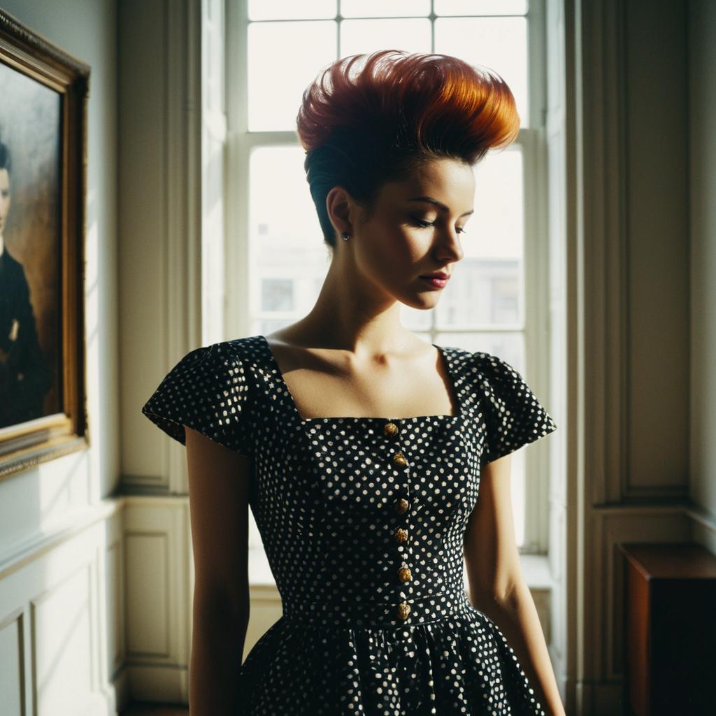 Retro Styled Woman with Pompadour Hairstyle in Polka Dot Dress